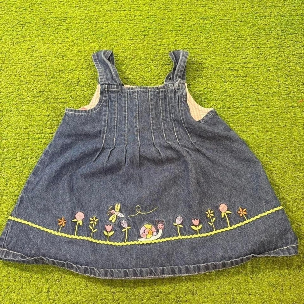 Vintage Y2K Baby Dress Denim Embroidered Flowers Nature Retro Sz 18m